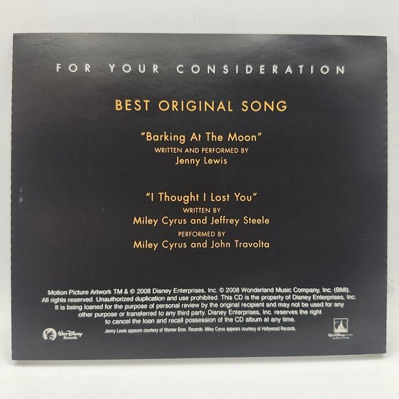 For Your Consideration Best Original Song BOLT Promo CD 2008 Disney Miley Cyrus - Picture 2 of 3